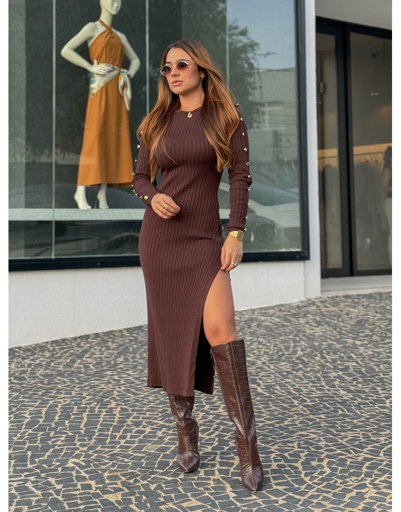 Vestido Tricot Botões Roberta Café