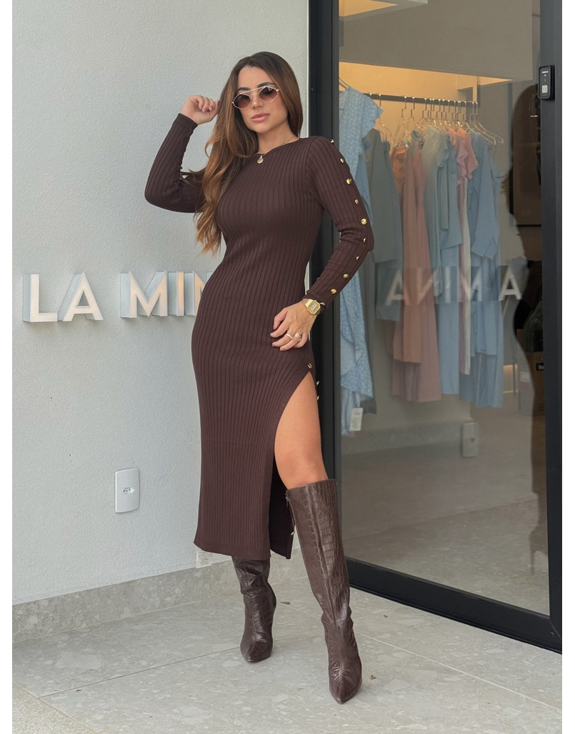 Vestido Tricot Botões Roberta Café