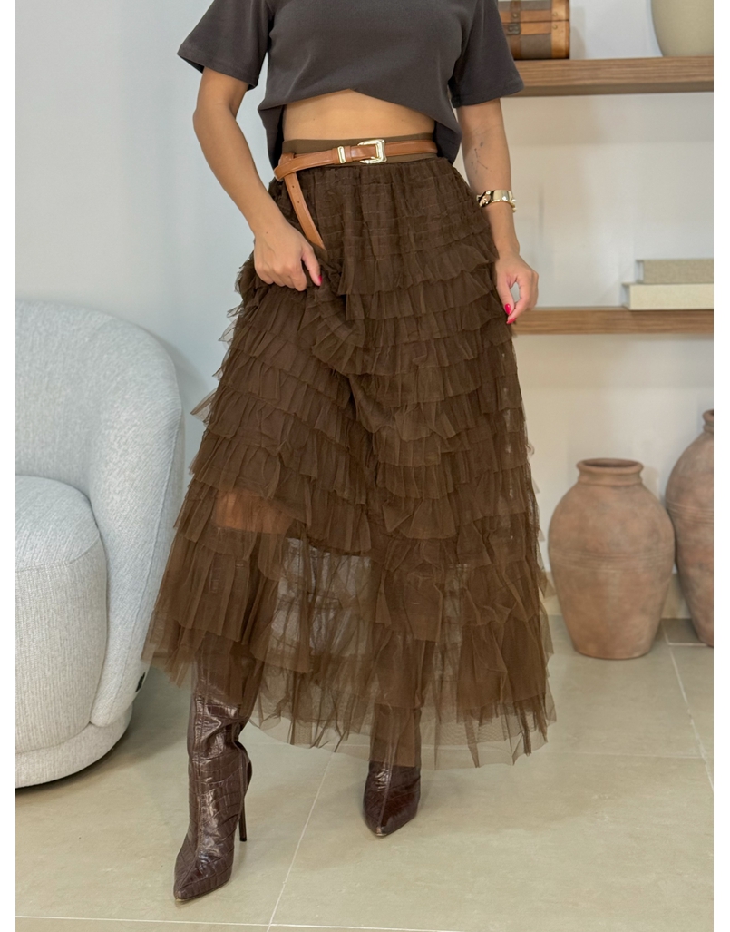 Saia Midi Tule Polônia Marrom