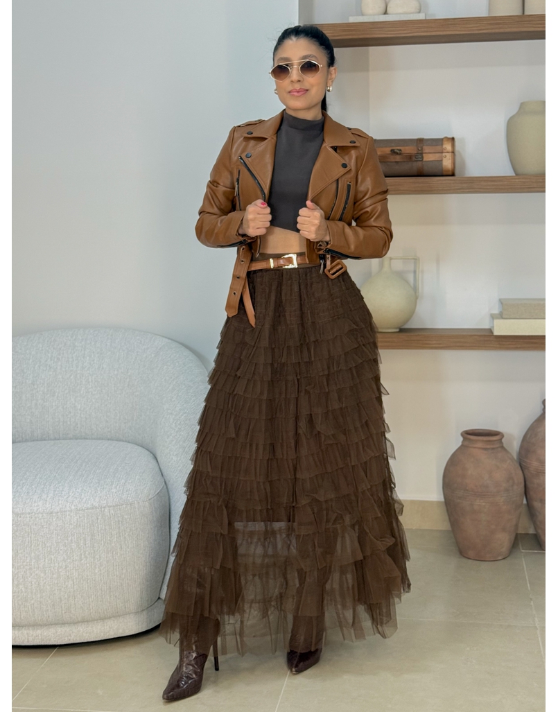 Saia Midi Tule Polônia Marrom