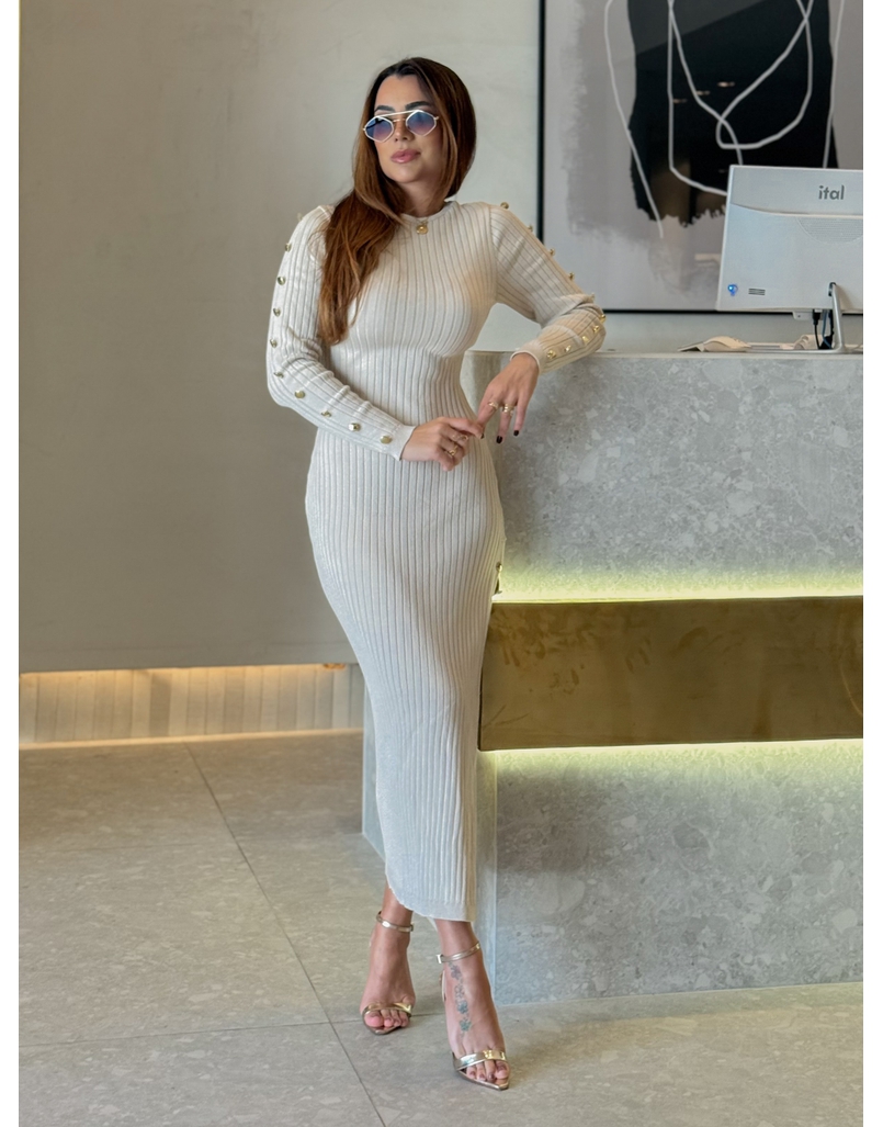 Vestido Tricot Botões Roberta Areia