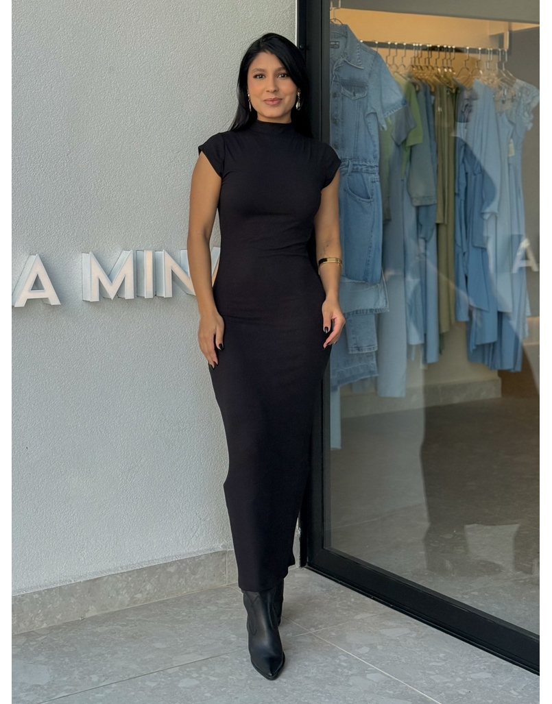 Vestido Canelado Holanda Preto
