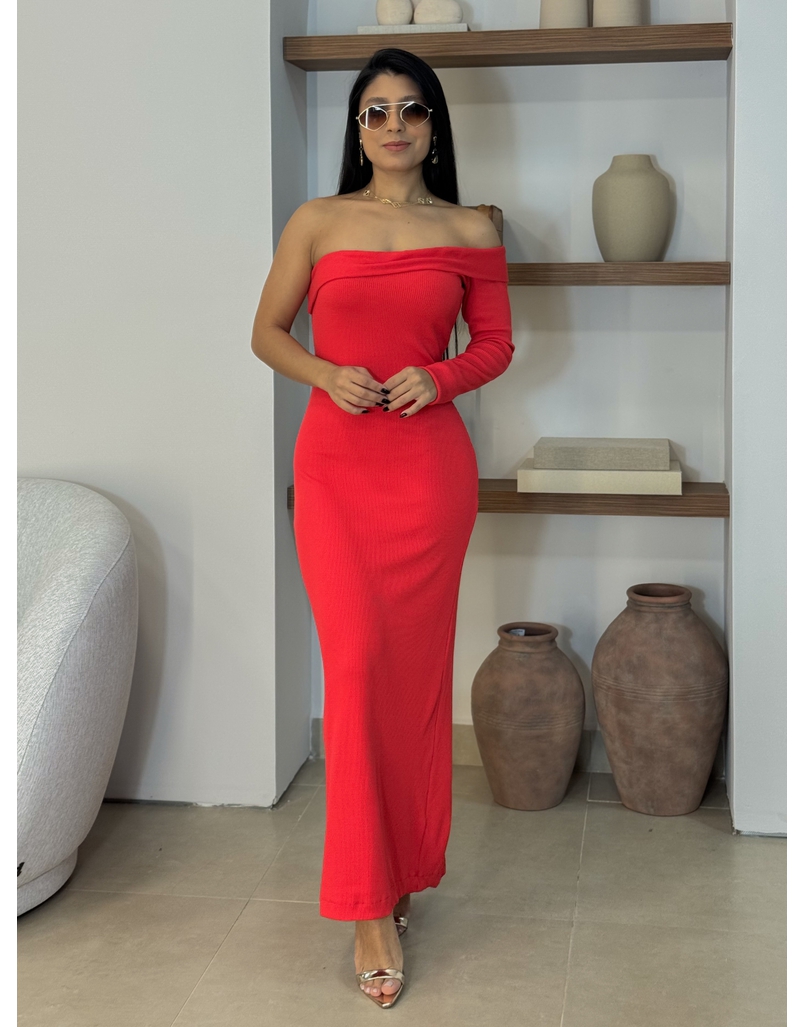Vestido Longo Canelado Vermelho 