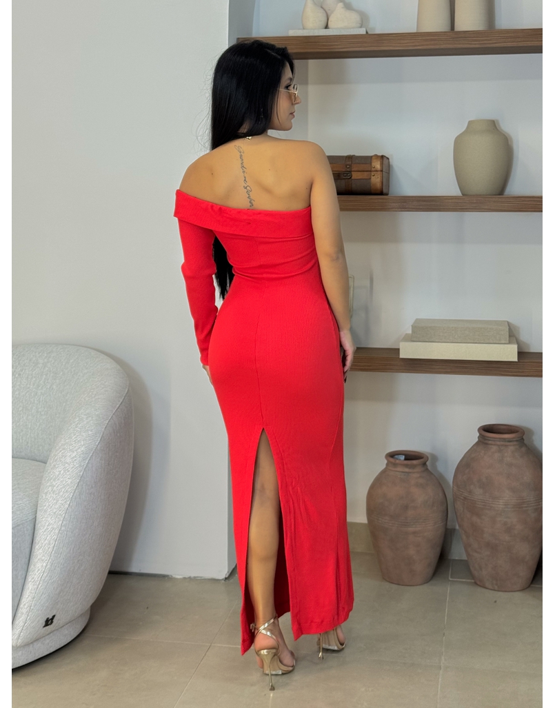 Vestido Longo Canelado Vermelho 