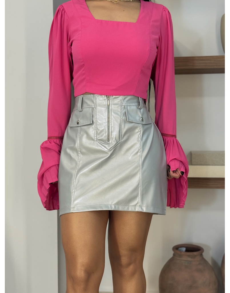 Saia Couro Fake Zíper Prata