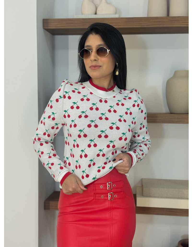 Blusa Tricot Cereja Branca
