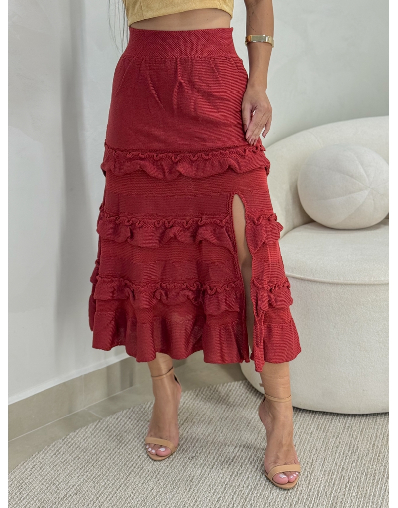 Saia Midi Tricot Babado Vermelho