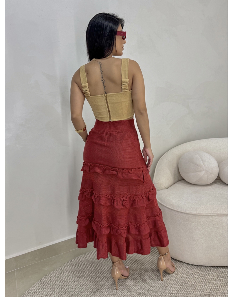 Saia Midi Tricot Babado Vermelho