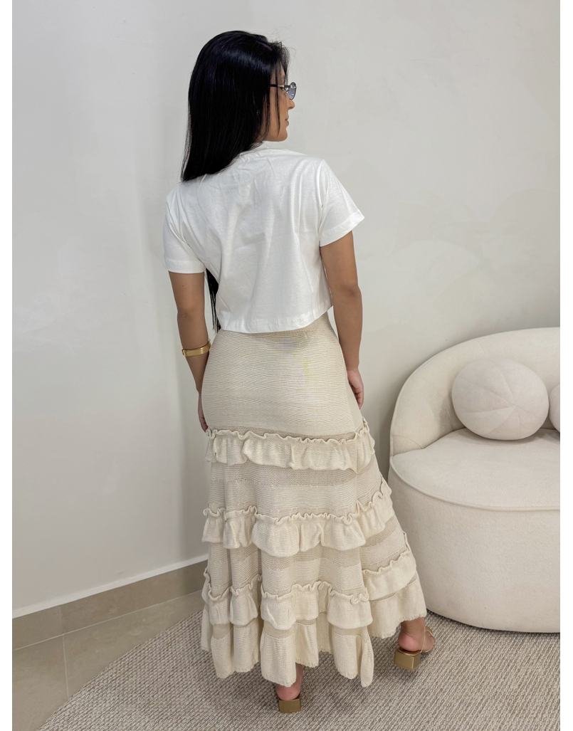 Saia Midi Tricot Babado Areia