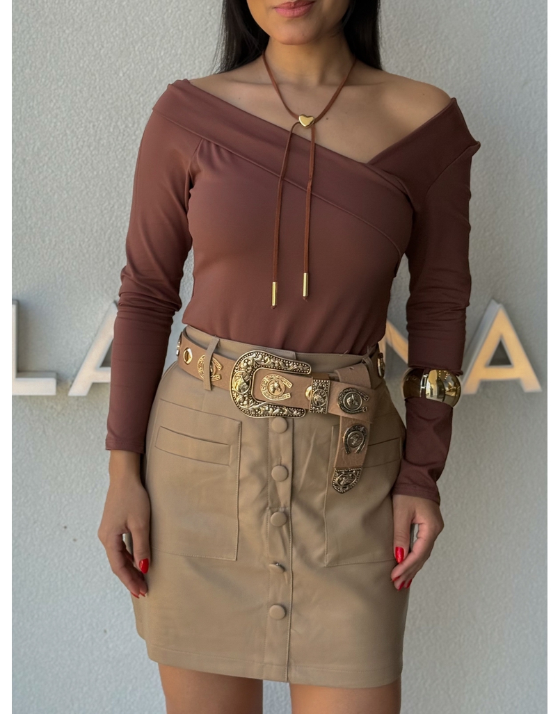 Saia Couro Fake Lavínia Cappuccino