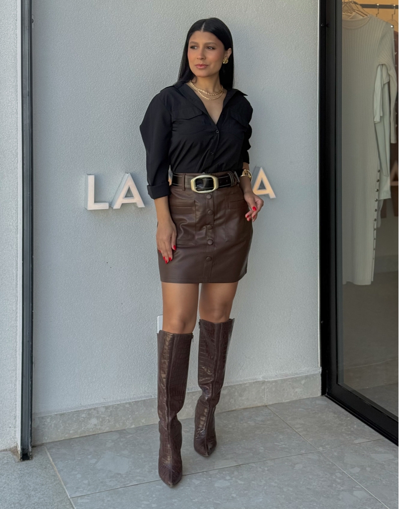 Saia Couro Fake Lavínia Café 
