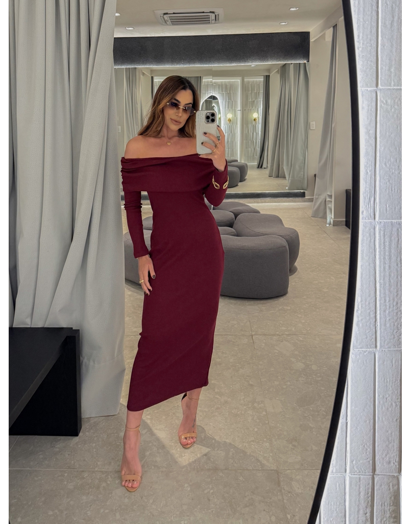 Vestido Canelado Ombro a Ombro Cereja 