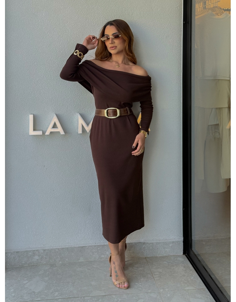 Vestido Canelado Ombro a Ombro Café