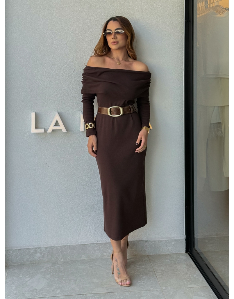 Vestido Canelado Ombro a Ombro Café