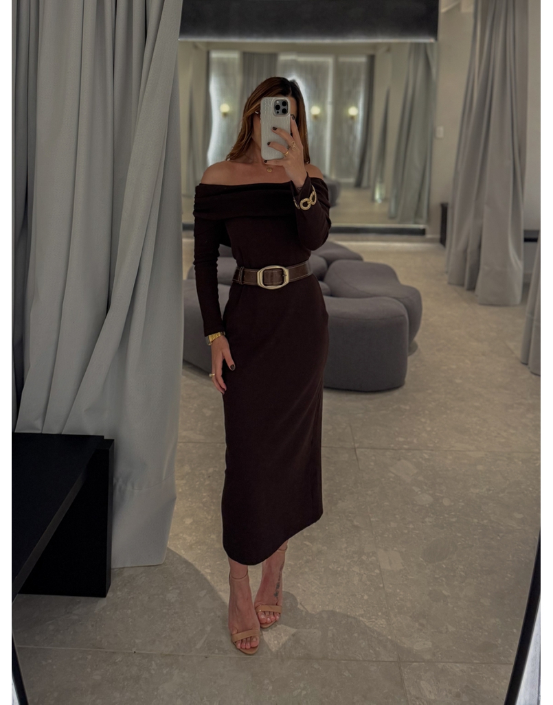 Vestido Canelado Ombro a Ombro Café