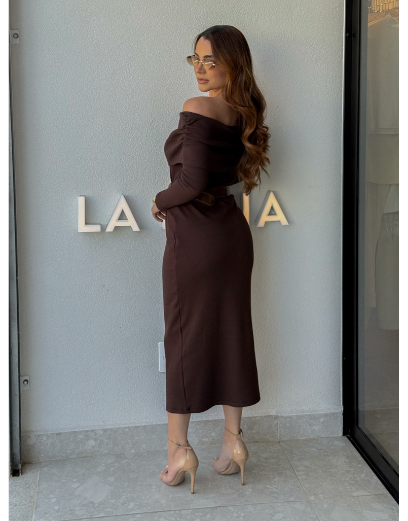 Vestido Canelado Ombro a Ombro Café