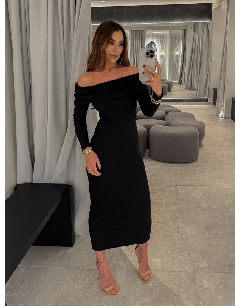 Vestido Canelado Ombro a Ombro Preto