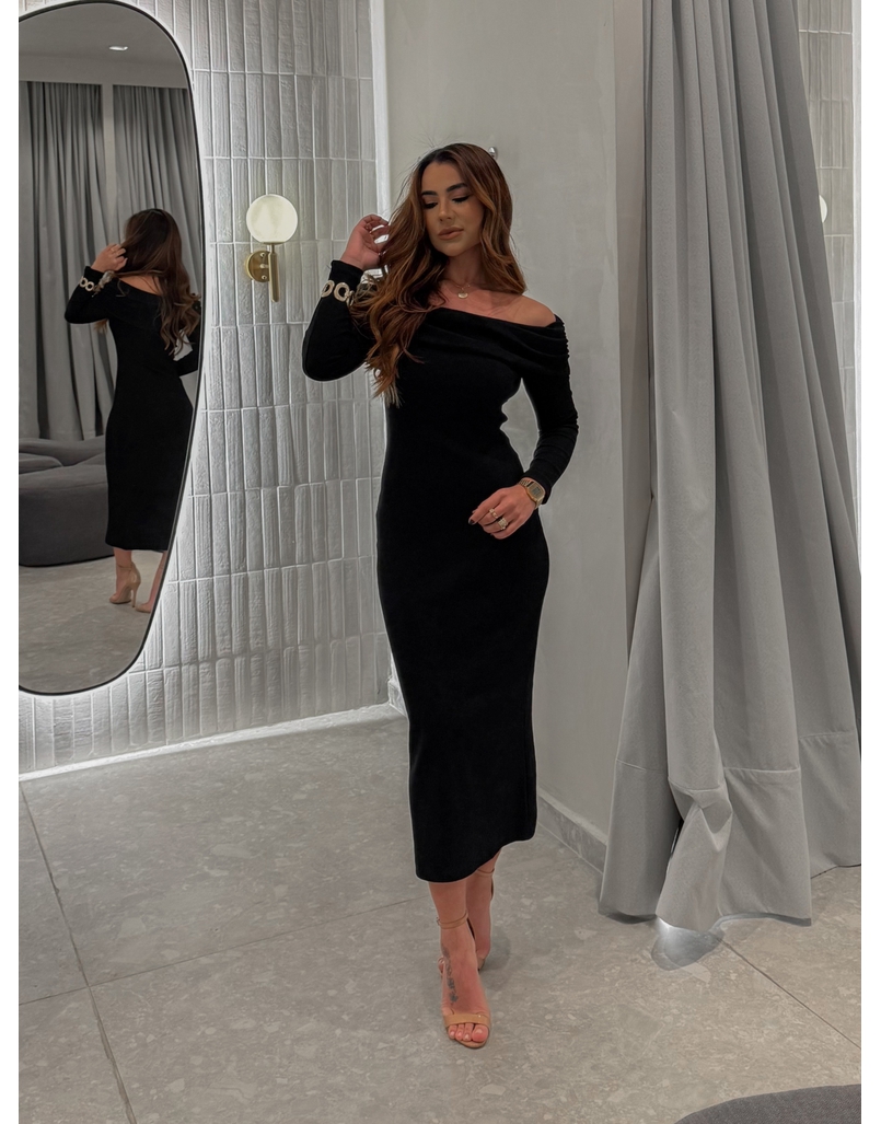 Vestido Canelado Ombro a Ombro Preto