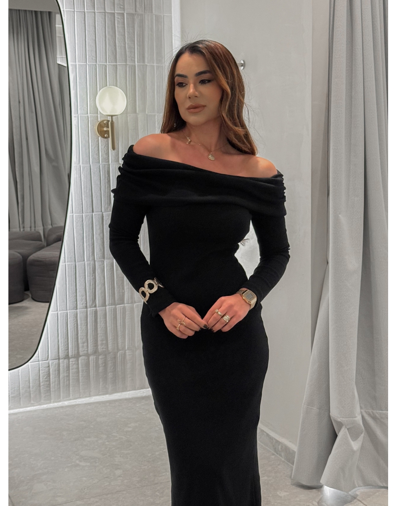 Vestido Canelado Ombro a Ombro Preto