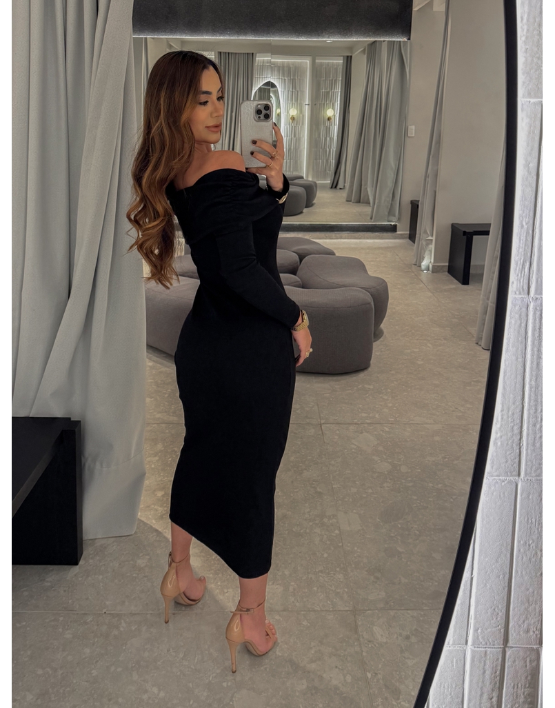 Vestido Canelado Ombro a Ombro Preto