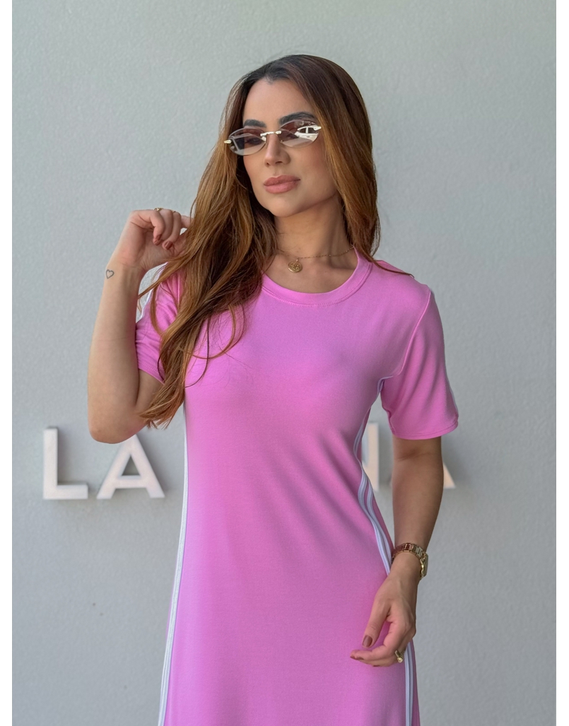 Vestido Manguinha Listra Rosa Barbie
