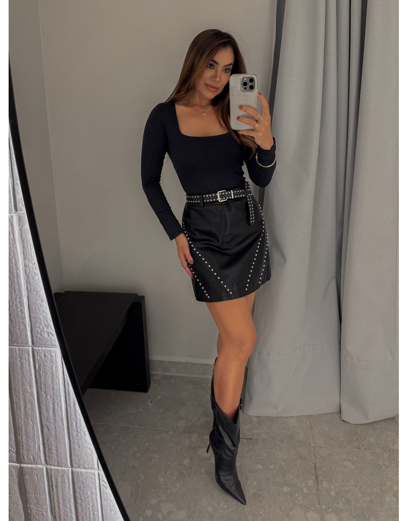 Saia Couro Fake Cinto Mirela Preta