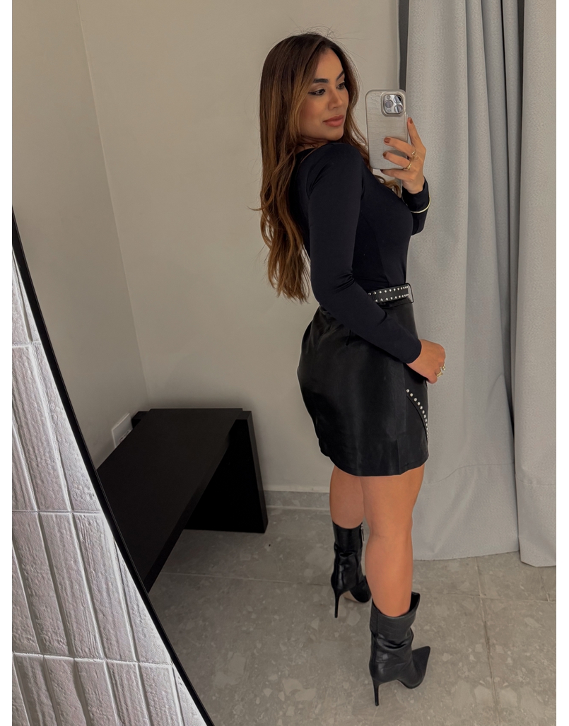 Saia Couro Fake Cinto Mirela Preta