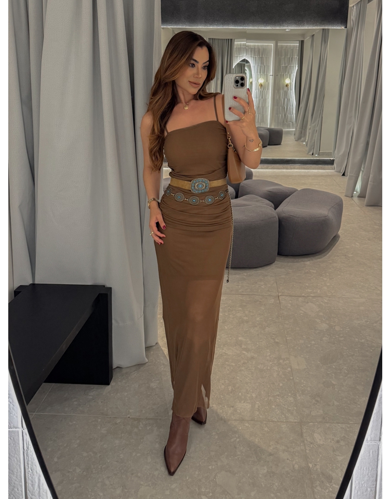 Vestido Franzido Tule Rebeca Café 