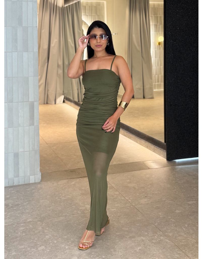 Vestido Franzido Tule Rebeca Militar 