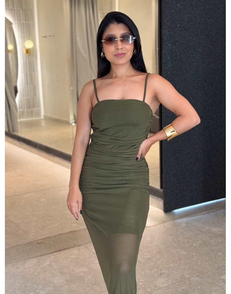 Vestido Franzido Tule Rebeca Militar 