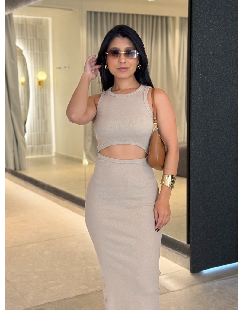 Vestido Canelado Romana Areia