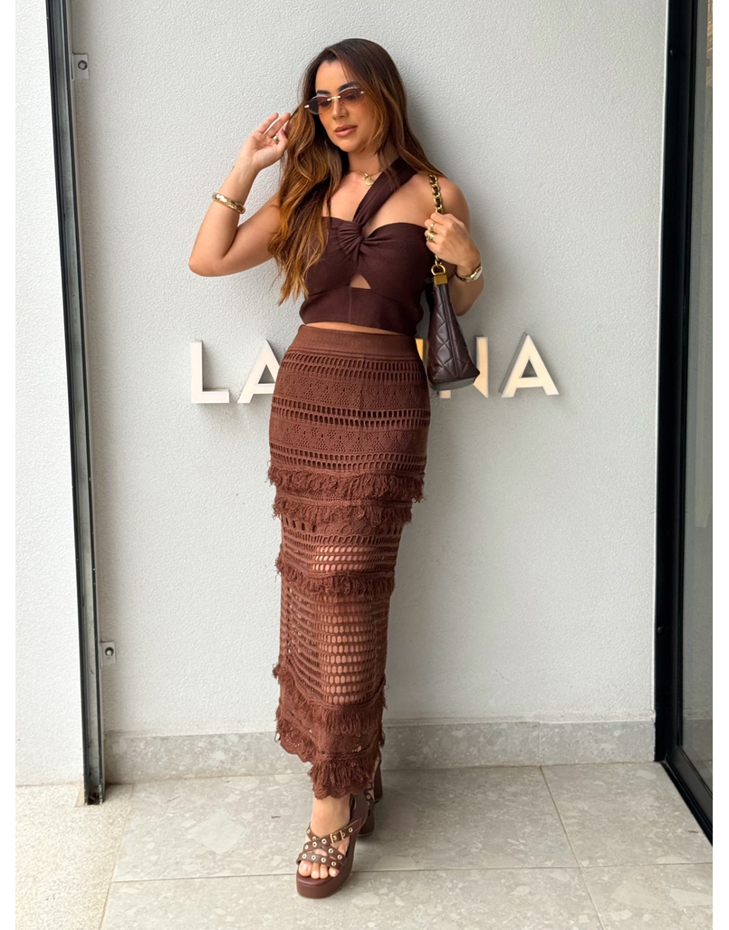 Saia Midi Tricot Rendada Café 