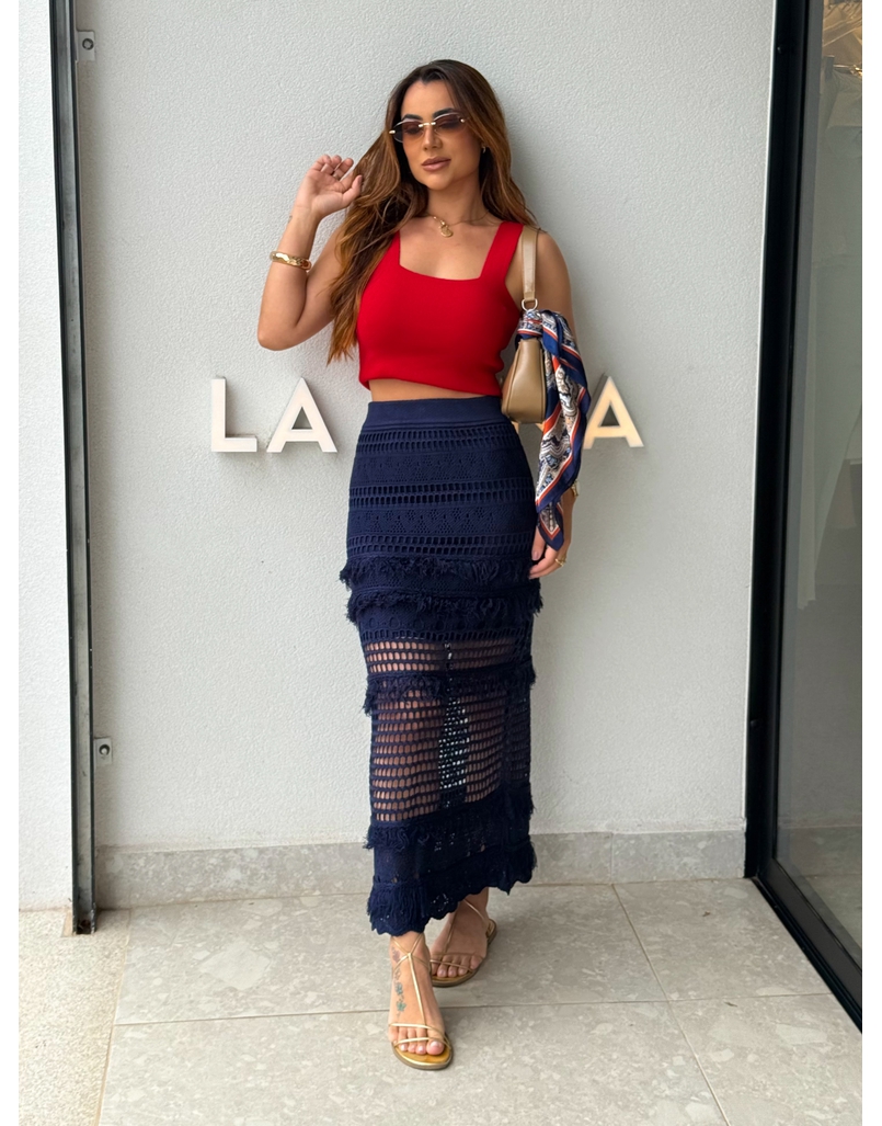 Saia Midi Tricot Rendada Azul