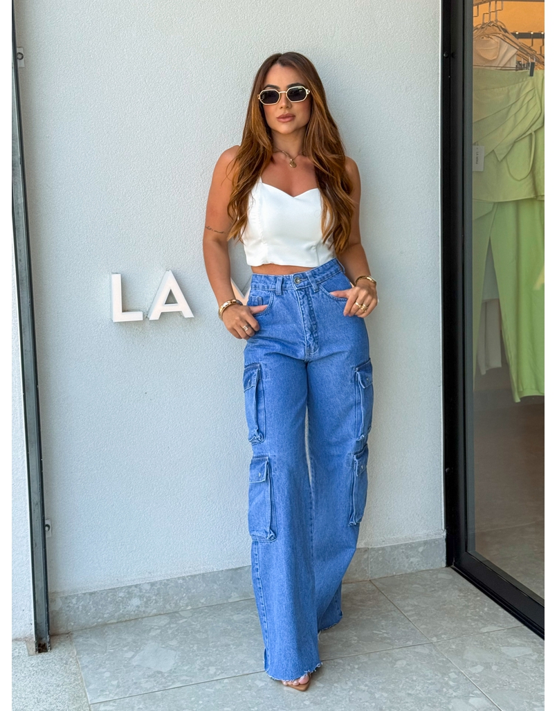 Calça Cargo Jeans Escura Ariana 