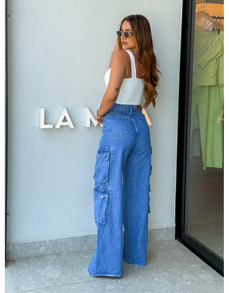 Calça Cargo Jeans Escura Ariana 