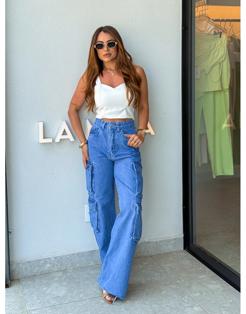 Calça Cargo Jeans Escura Ariana 