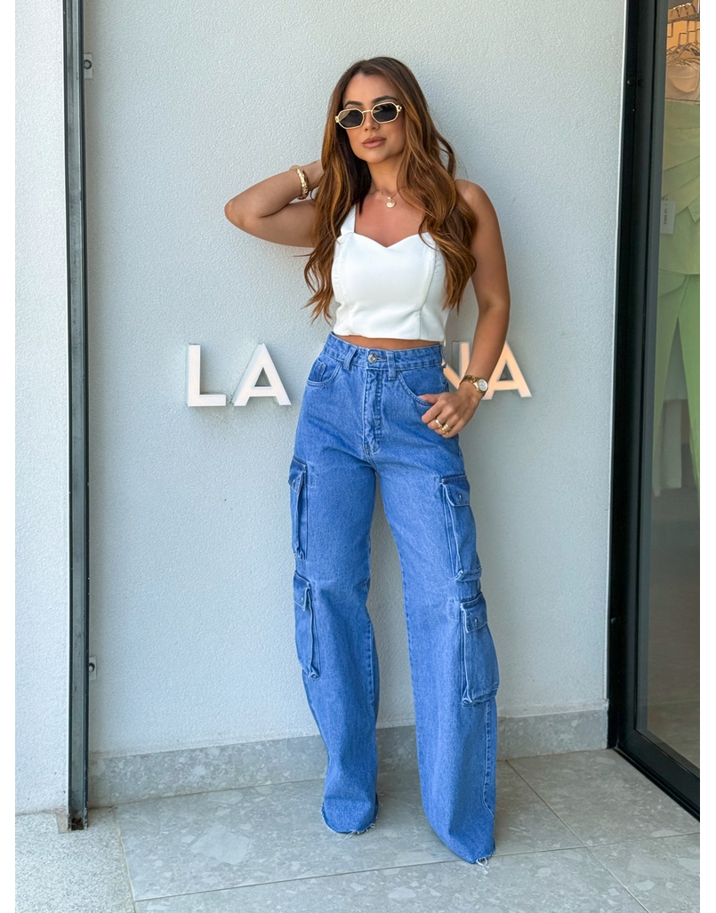 Calça Cargo Jeans Escura Ariana 