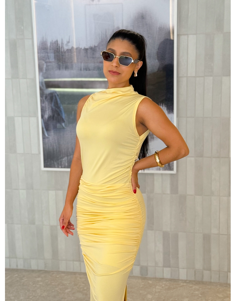 Vestido Midi Franzido Suplex Amarelo