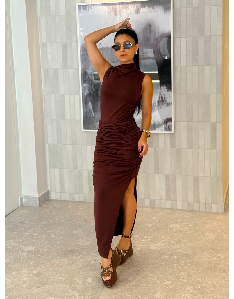Vestido Midi Franzido Suplex Café