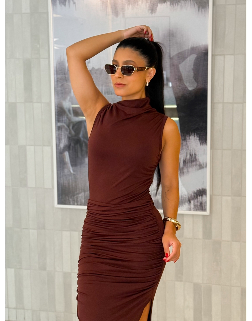 Vestido Midi Franzido Suplex Café