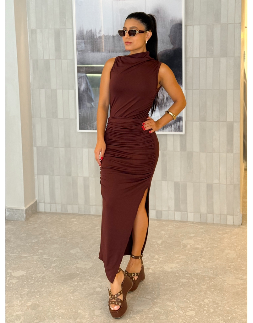 Vestido Midi Franzido Suplex Café