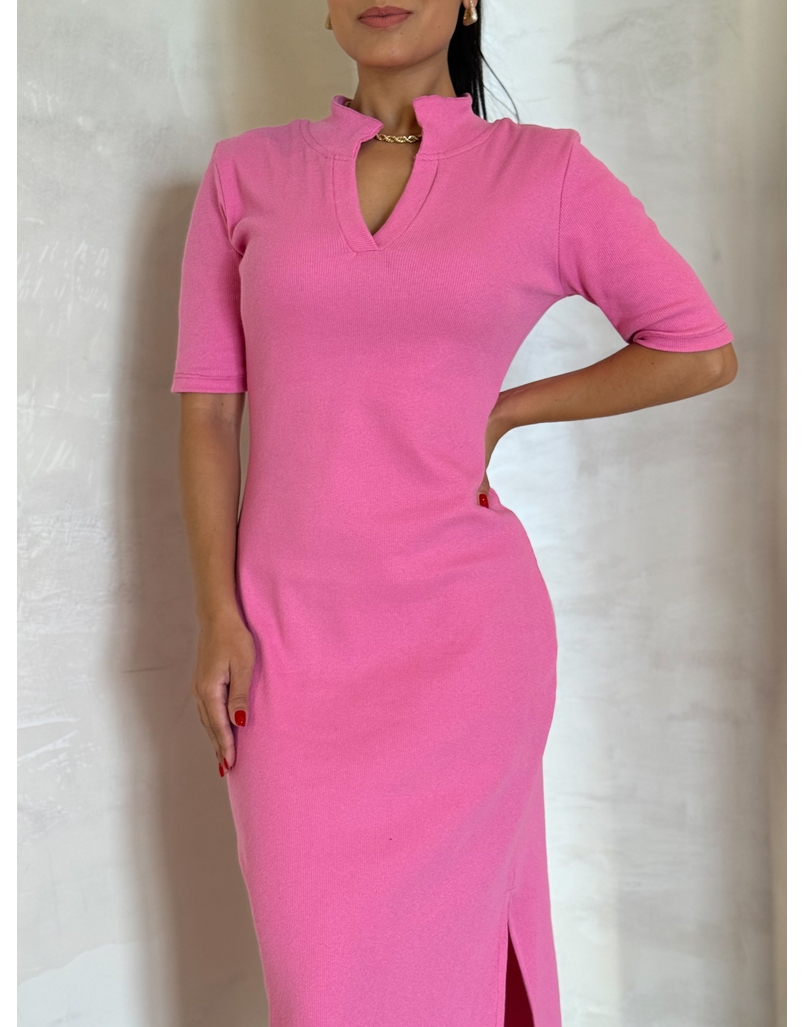 Vestido Canelado Gola Polo Tais Rosa