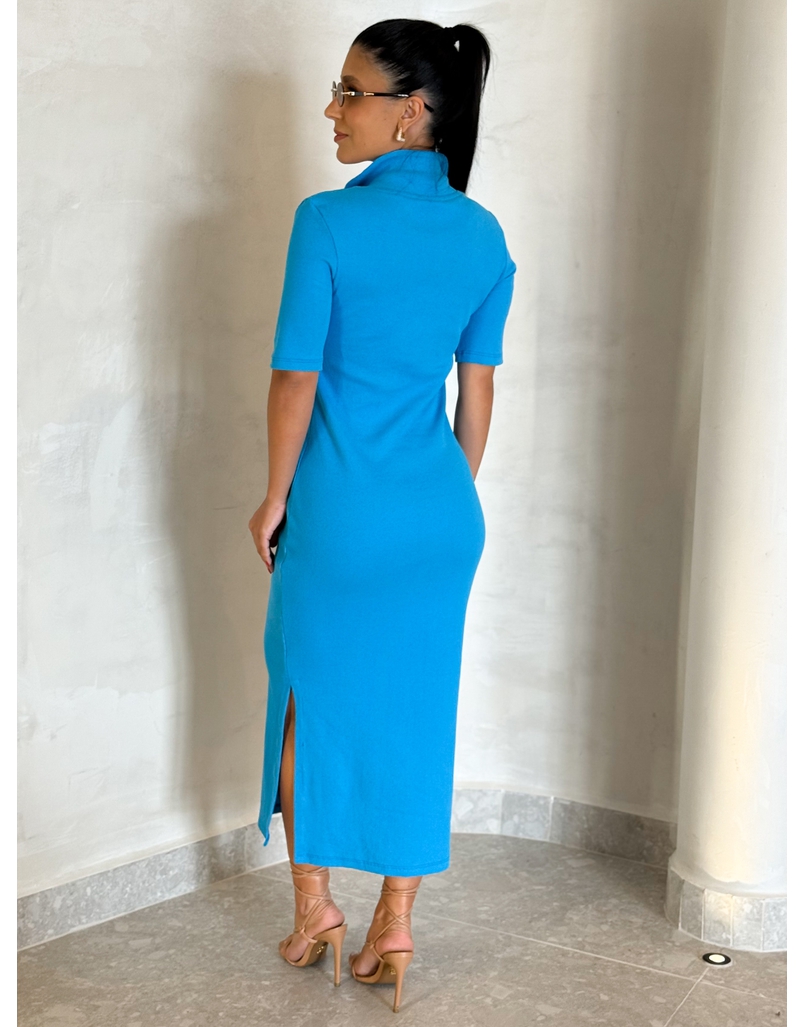 Vestido Canelado Gola Polo Tais Azul