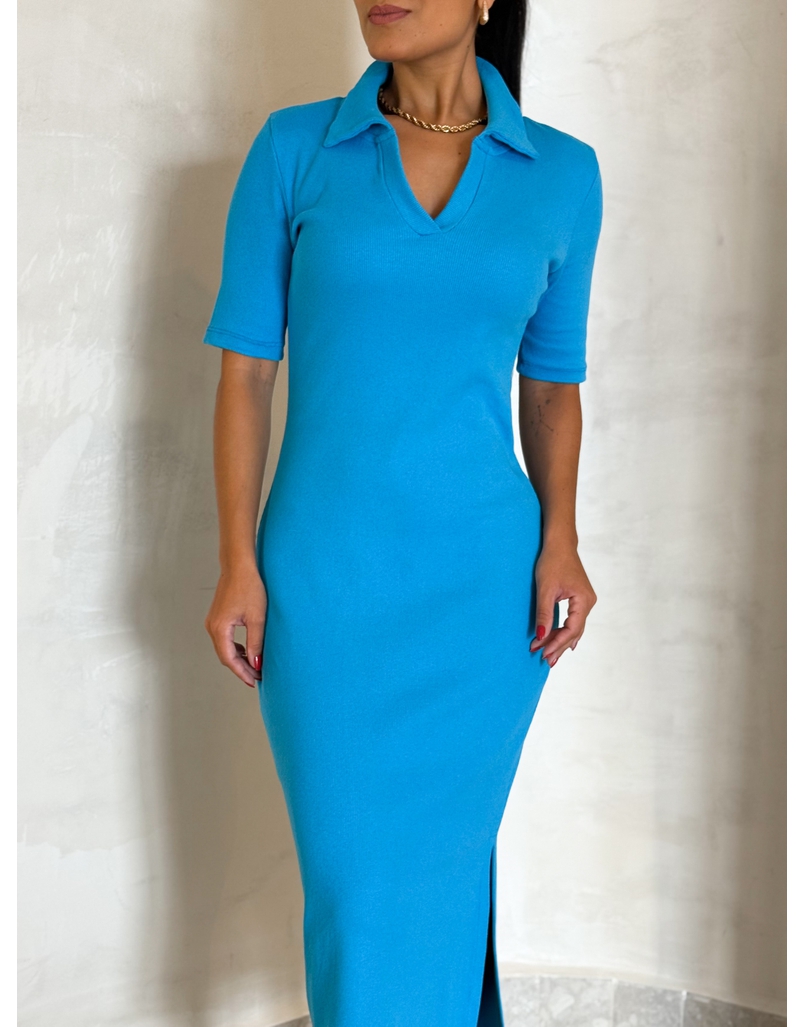 Vestido Canelado Gola Polo Tais Azul