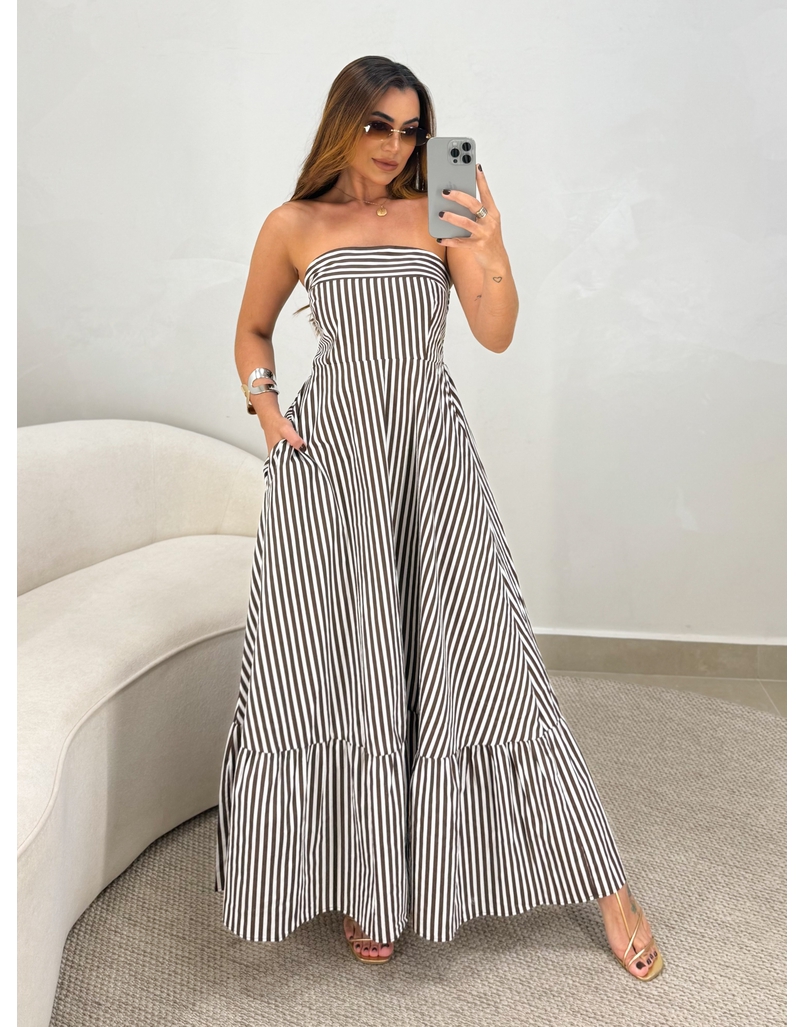 Vestido Listrado Tomara que Caia Alanis Café