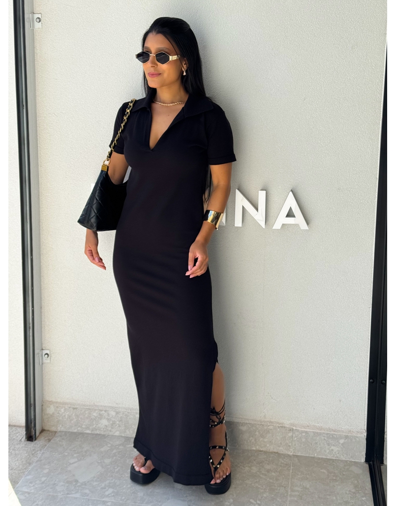 Vestido Tricot Gola Polo Aurora Preto