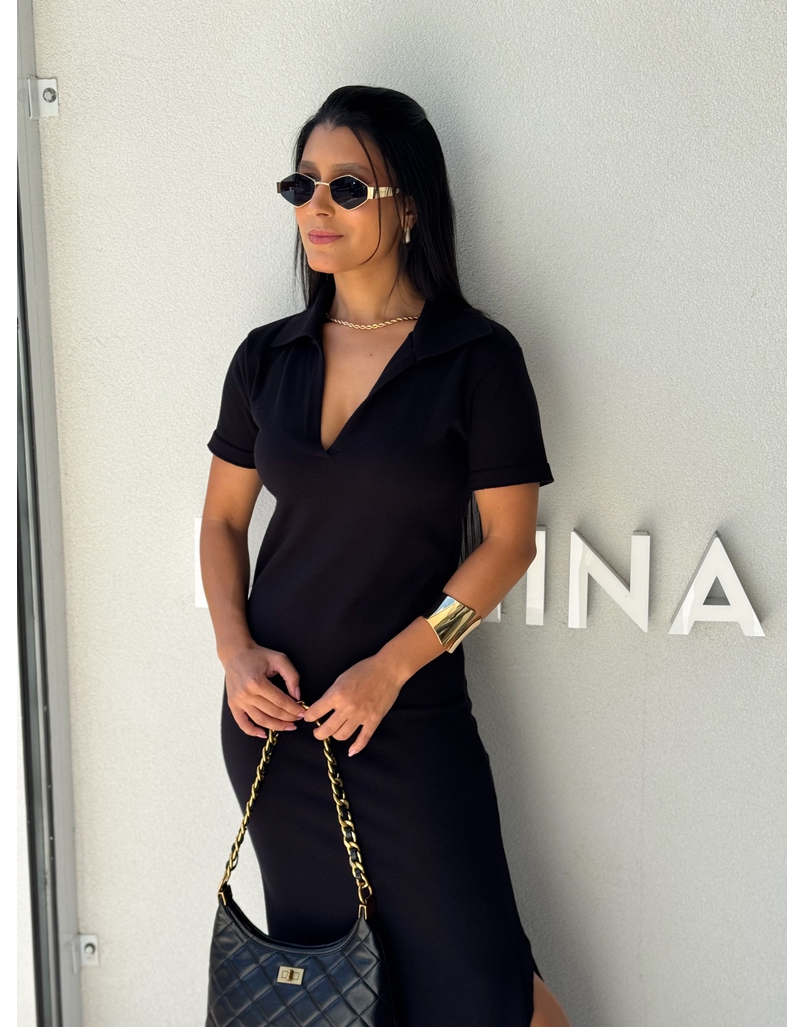 Vestido Tricot Gola Polo Aurora Preto