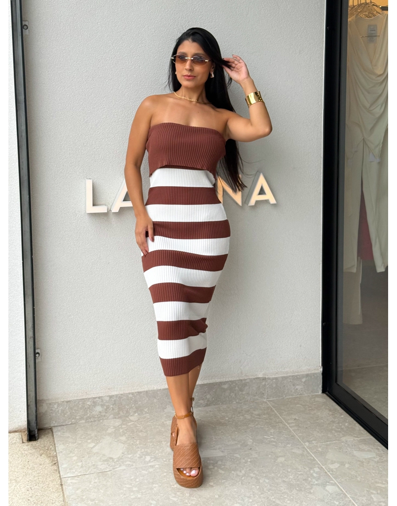 Vestido Tomara que Caia Listrado Café 