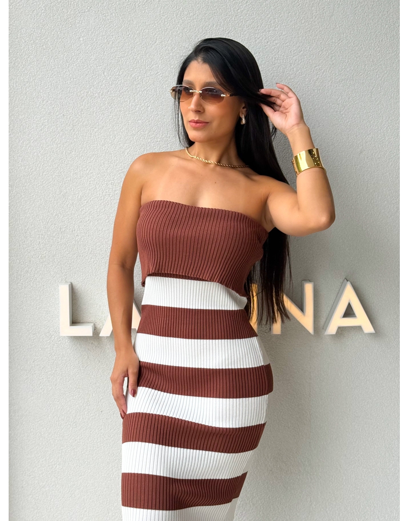 Vestido Tomara que Caia Listrado Café 