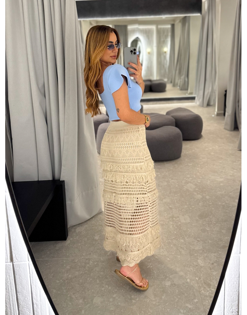 Saia Midi Tricot Rendada Areia